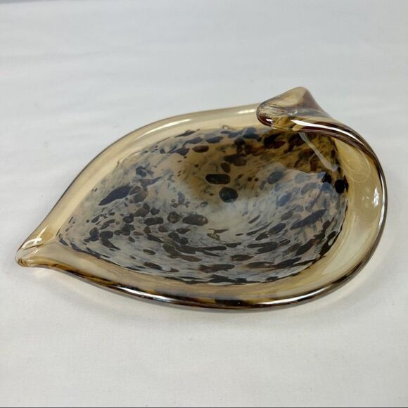 Murano Style Gold Yellow Speckled Art Glass Hand Blown Curved Leaf Shaped Dish - Picture 3 of 10